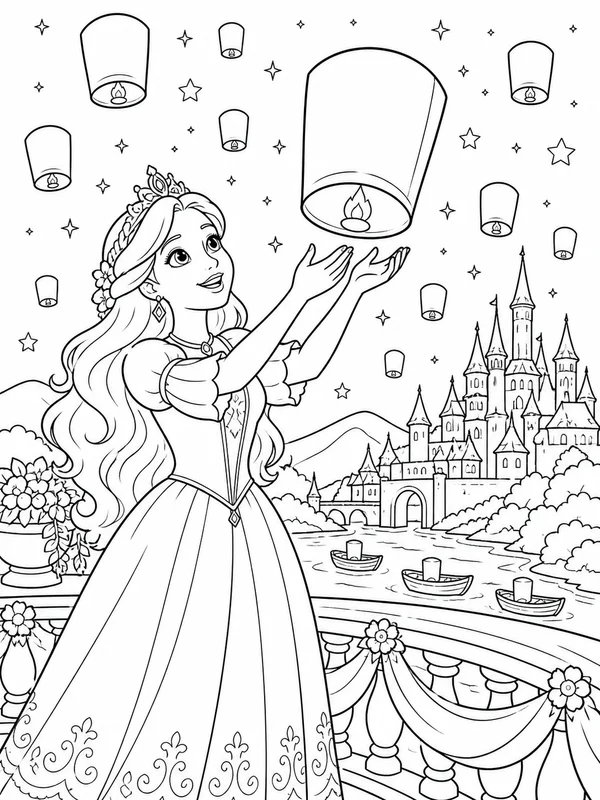 Princess releasing glowing lanterns into a starry festival sky coloring page printable line art