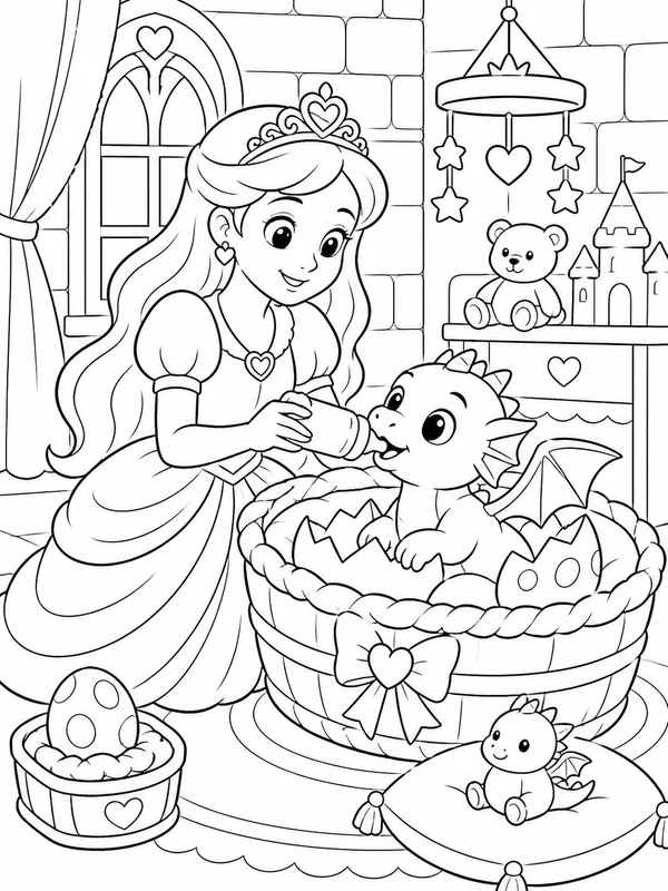 Princess caring for a newly hatched friendly dragon in the coloring page printable line art
