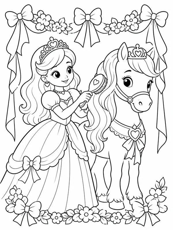 Princess brushing her royal pony beside ribbons and flower coloring page printable line art
