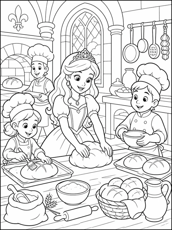 Princess helping cooks prepare bread in a busy castle kitchen coloring page printable line art