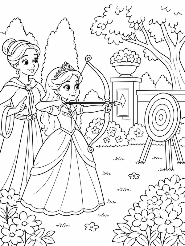Princess practicing archery at a safe garden target coloring page printable line art