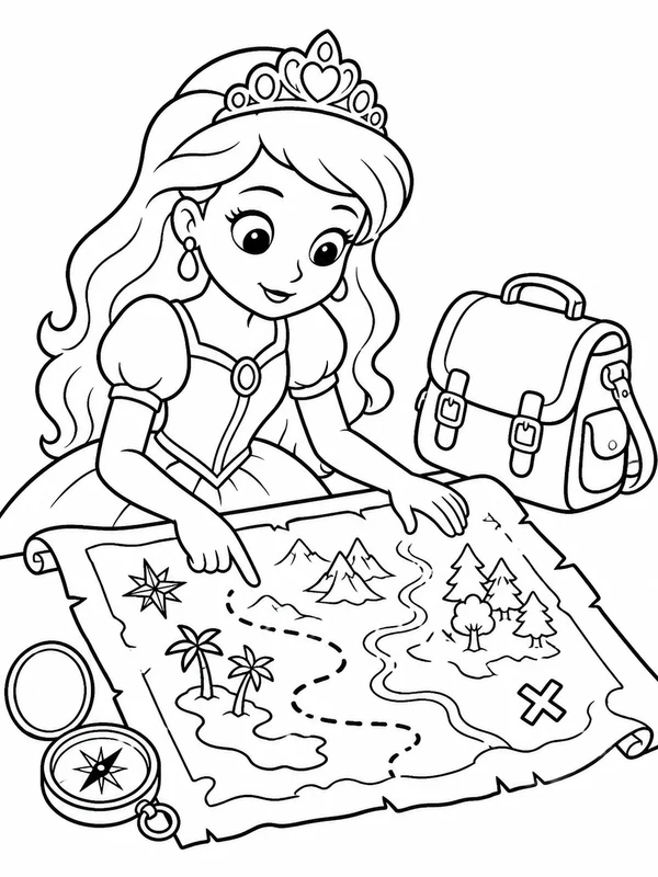 Princess studying an adventure map beside a compass and travel coloring page printable line art