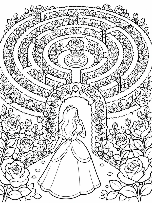 Princess finding the center of a tall rose garden maze coloring page printable line art