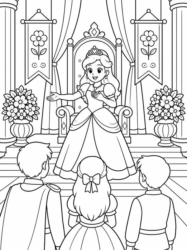 Princess greeting visitors in a grand throne room coloring page printable line art