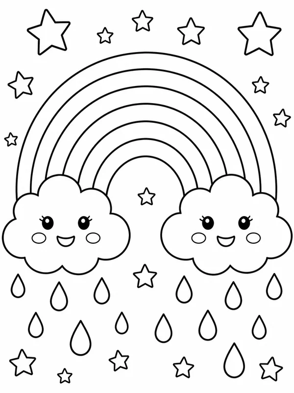 Large rainbow between smiling clouds, stars, and raindrops coloring page printable line art