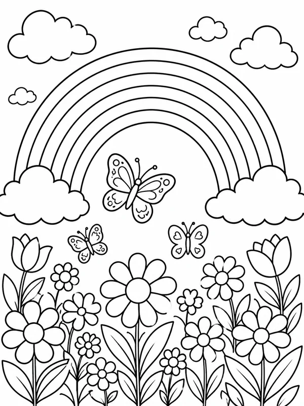 Rainbow arching over a flower meadow with butterflies coloring page printable line art