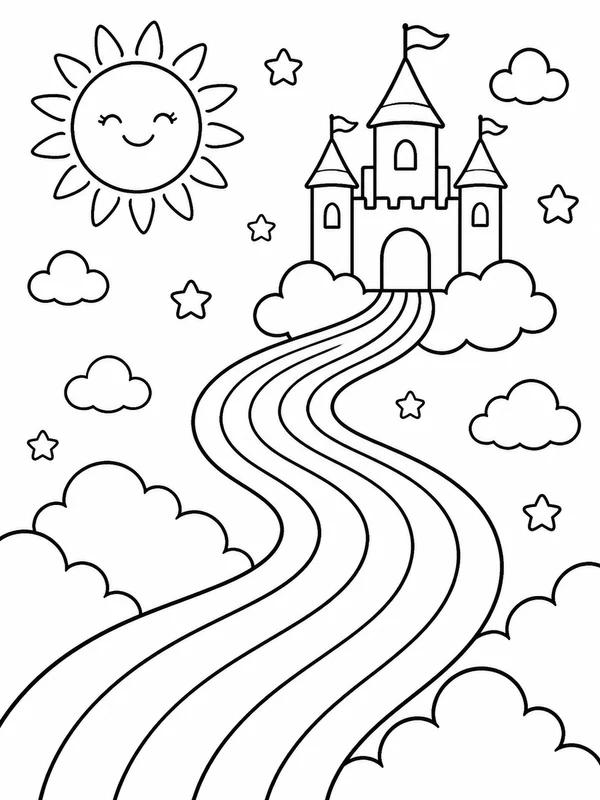 Rainbow leading to a small castle among clouds and sunshine coloring page printable line art