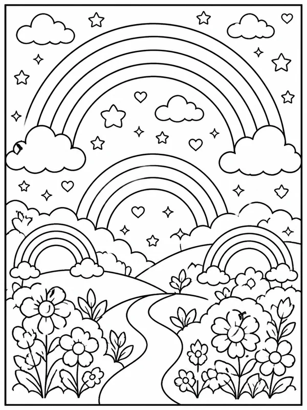 More detailed rainbows scene coloring page printable line art