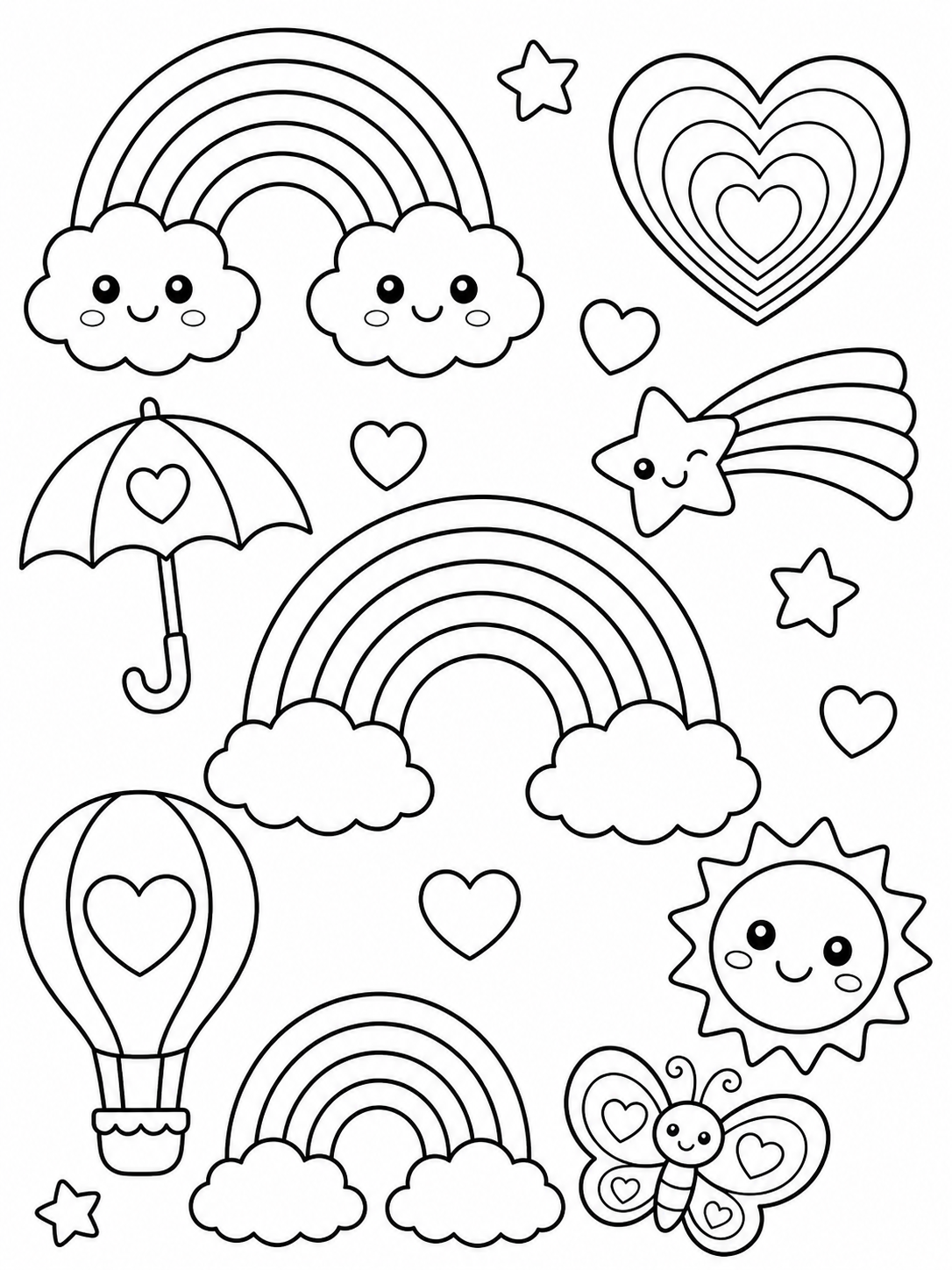 Cute rainbows coloring page printable line art