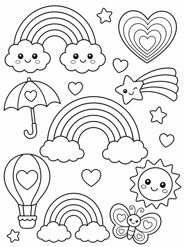 Cute rainbows coloring page printable line art