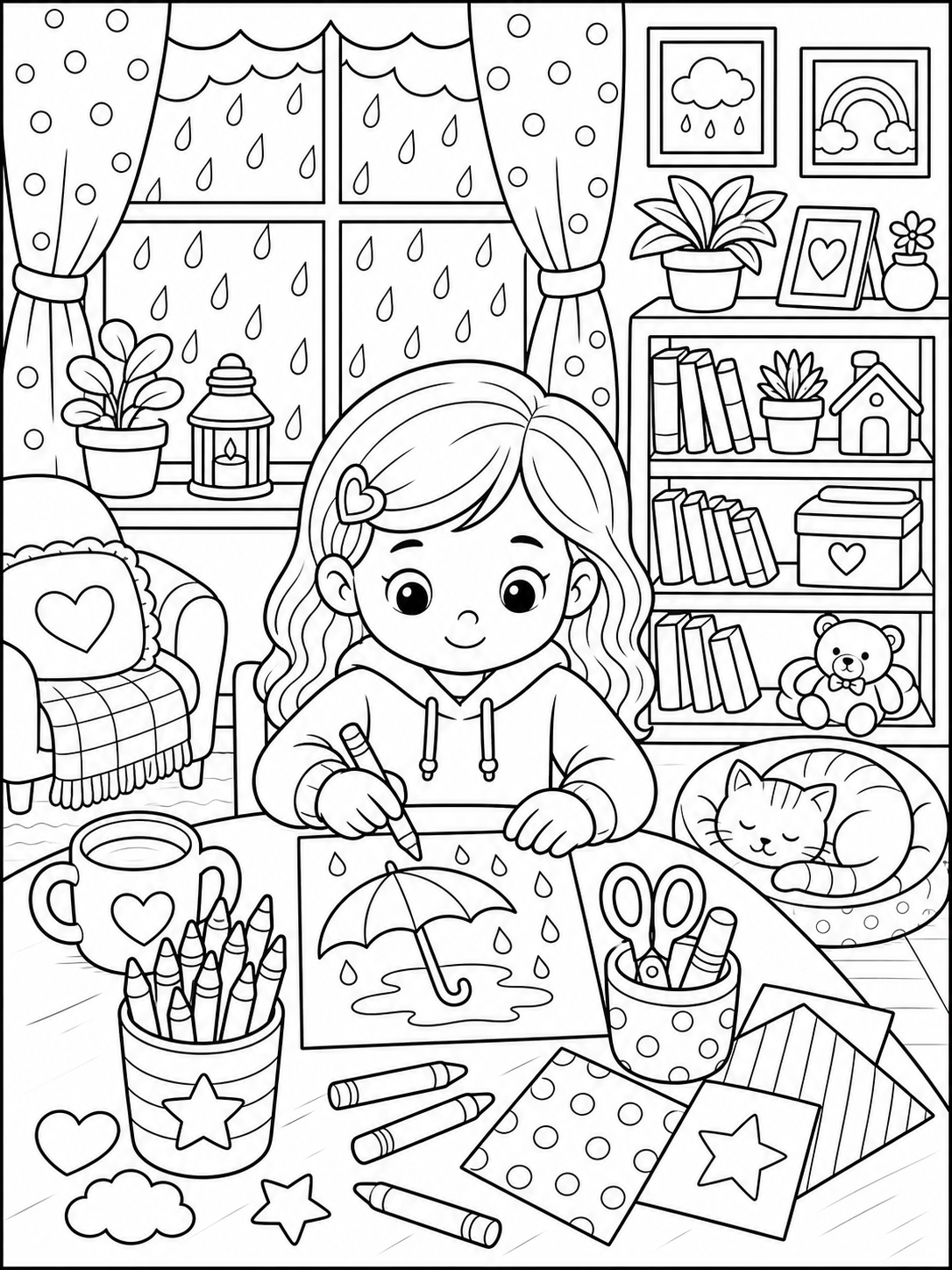 More detailed rainy day activity coloring pages scene printable line art