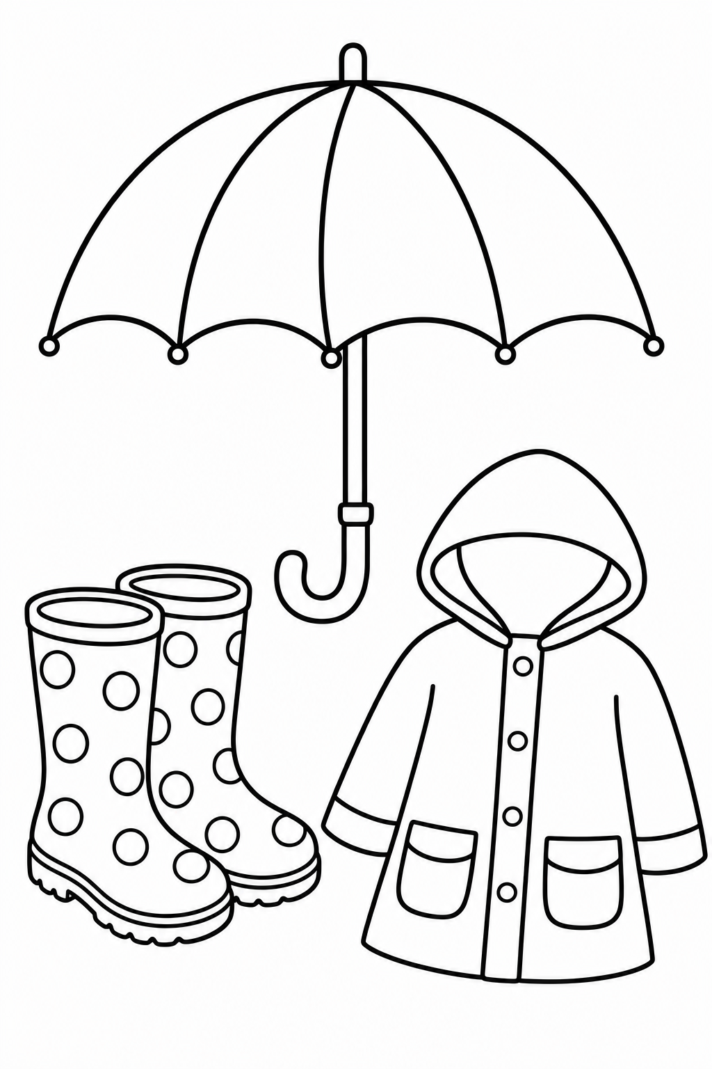 Three large themed objects for rainy day activity coloring page printable line art