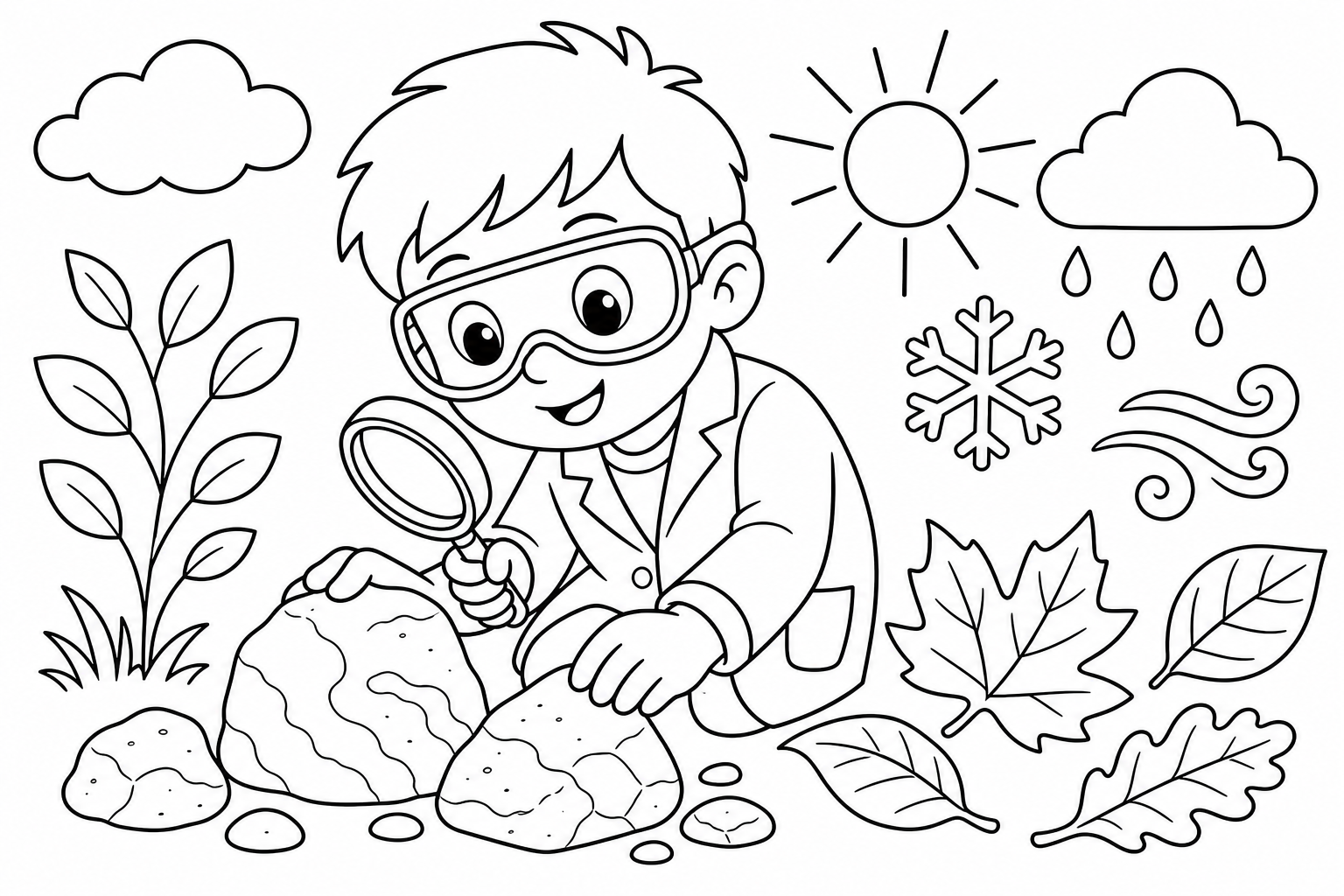 Kid scientist exploring rocks, leaves, and weather symbols coloring page printable line art