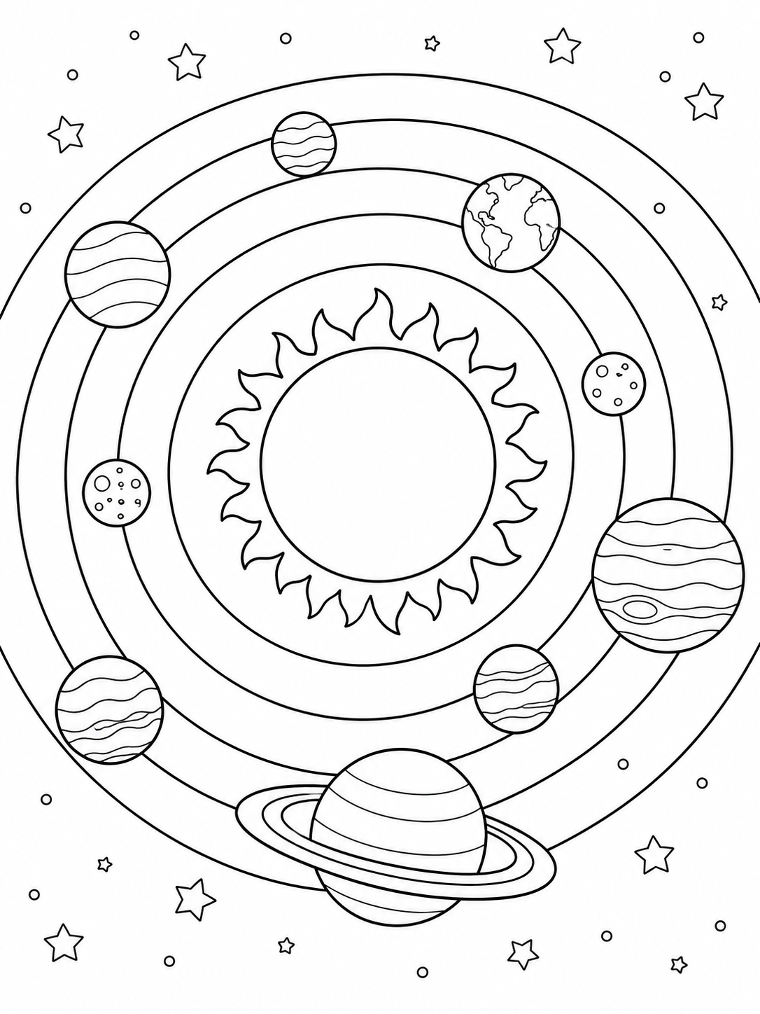 Sun with planets orbiting in a clean classroom diagram coloring page printable line art