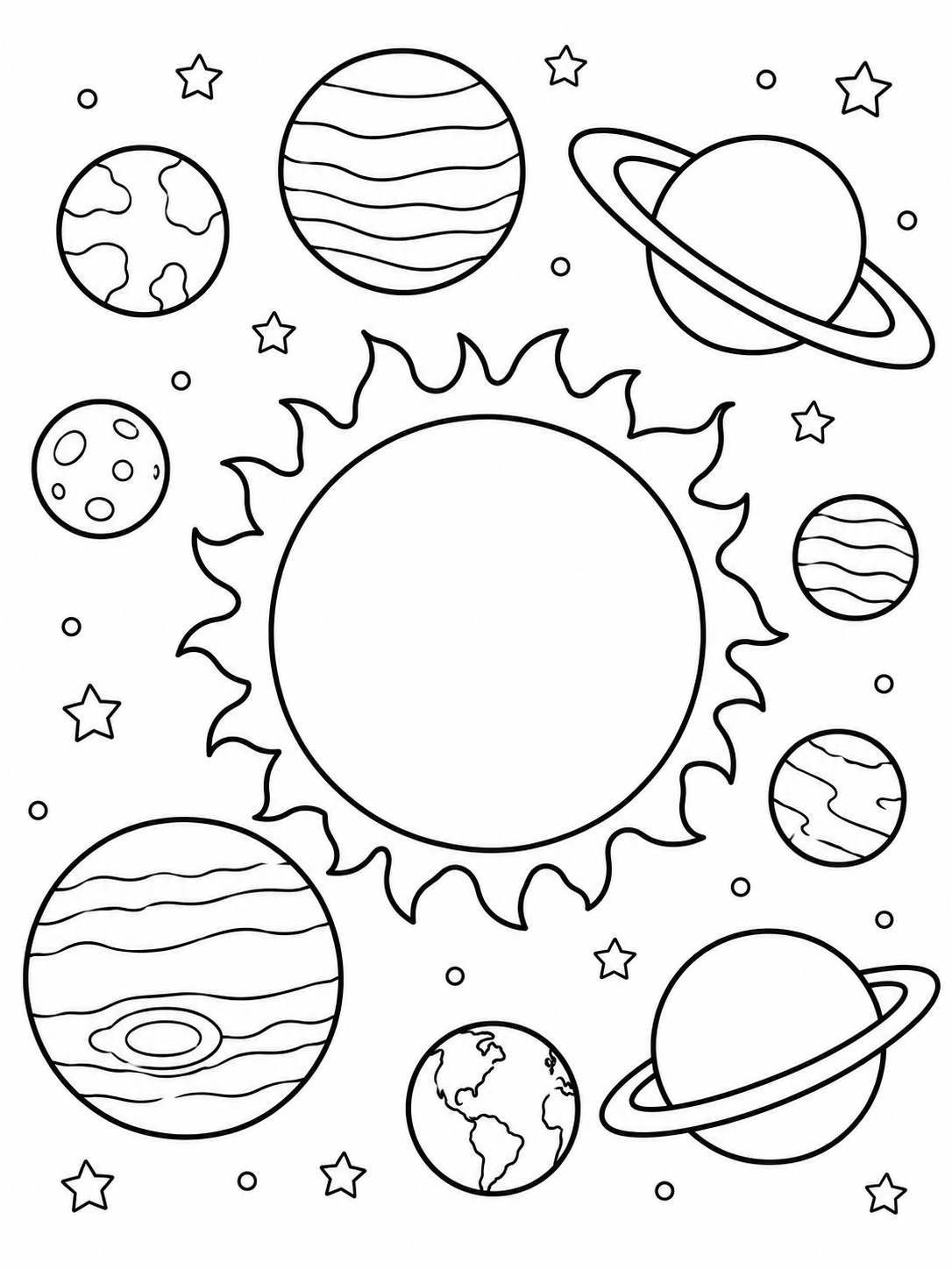 Escena de sistema solar para colorear en blanco y negro listo para imprimir