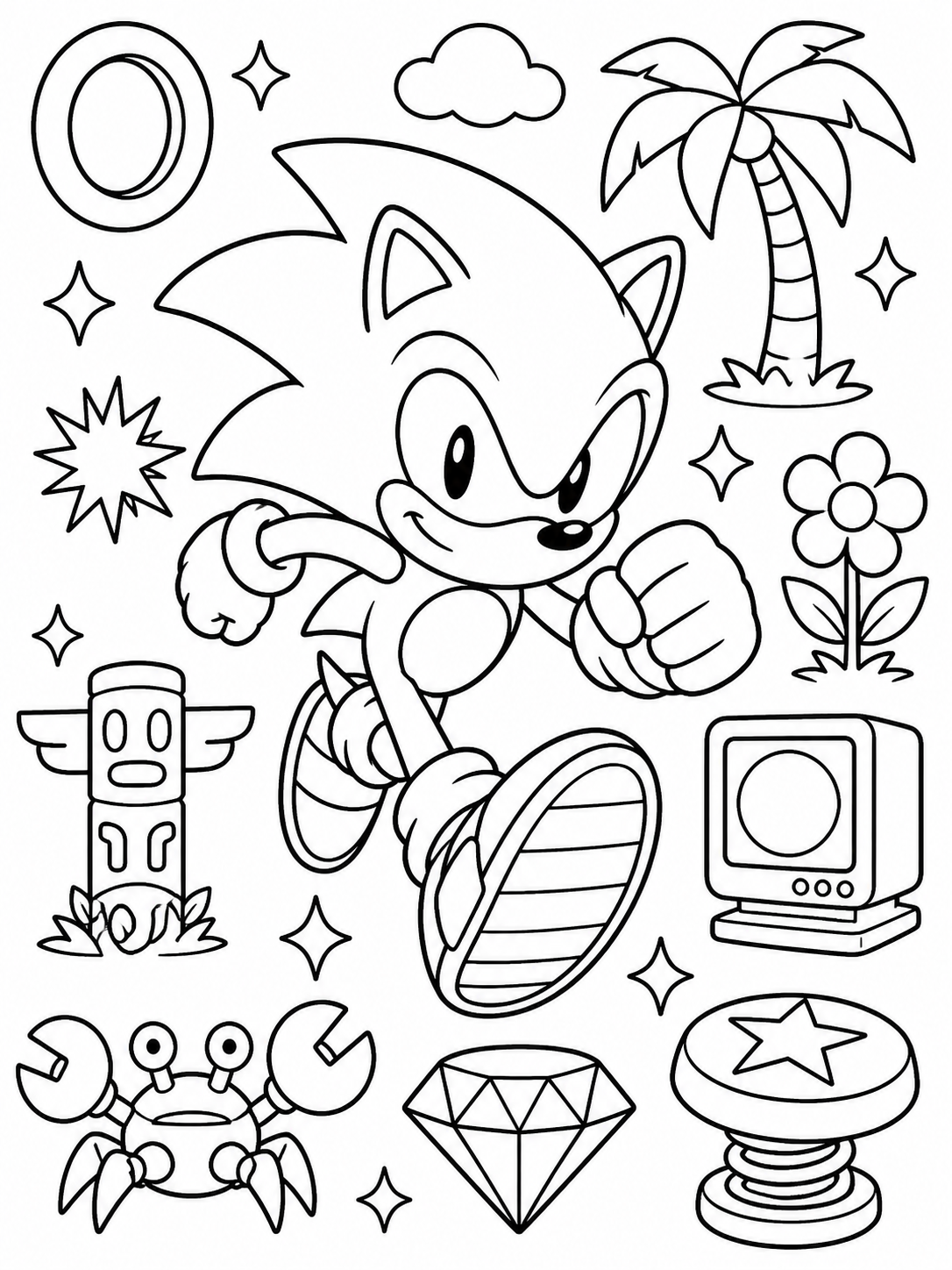 Cute a fast blue hedgehog hero coloring page printable line art
