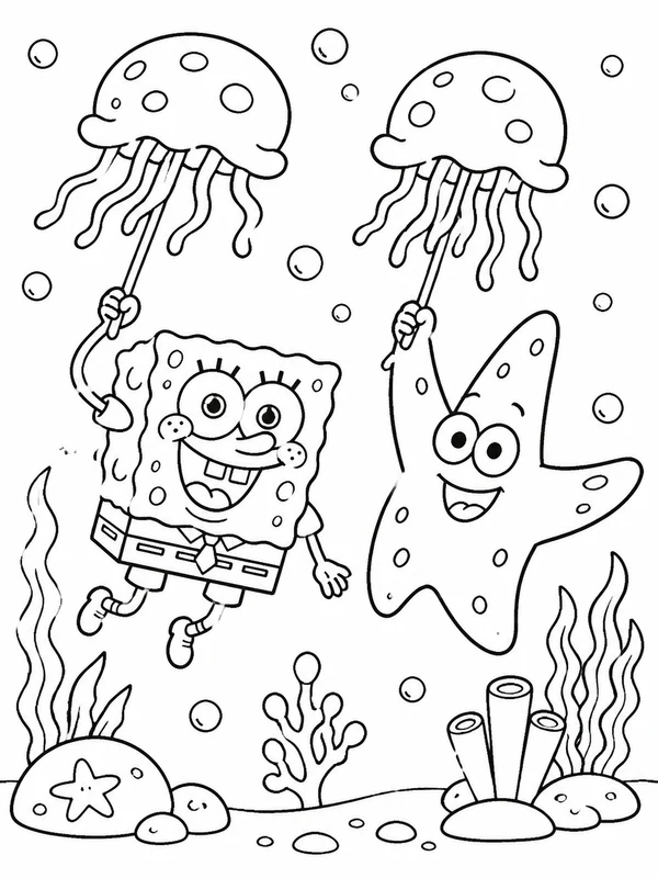 Sea sponge and starfish friend jellyfishing together coloring page printable line art