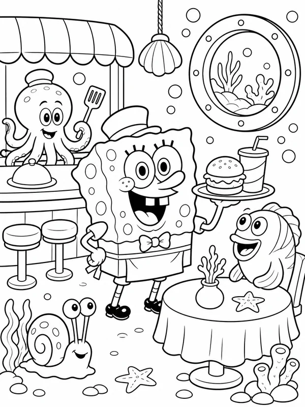 Sea sponge working cheerfully at an underwater restaurant coloring page printable line art