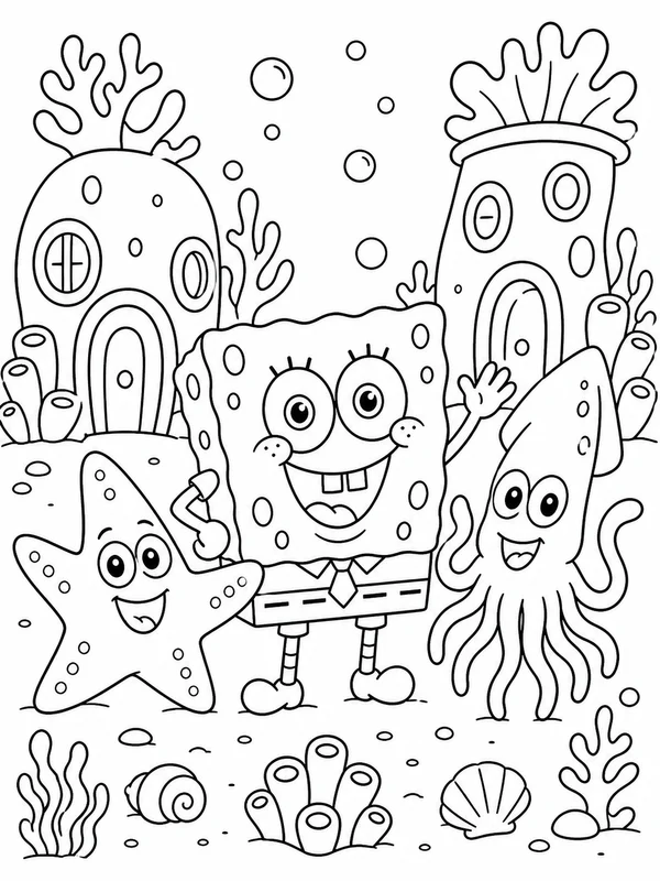 Sea sponge, starfish, and squid neighbor posing near coral coloring page printable line art