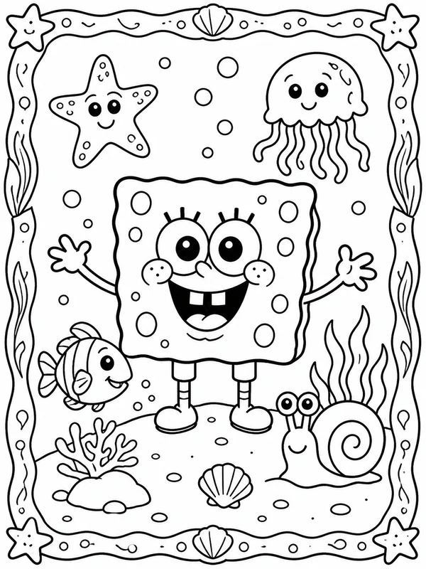 Printable a cheerful square sea sponge and underwater friends printable line art