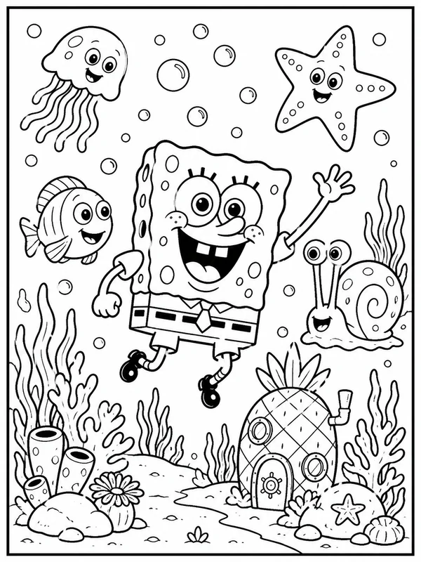 More detailed a cheerful square sea sponge and underwater coloring page printable line art