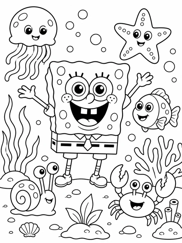 Cute a cheerful square sea sponge and underwater friends coloring page printable line art