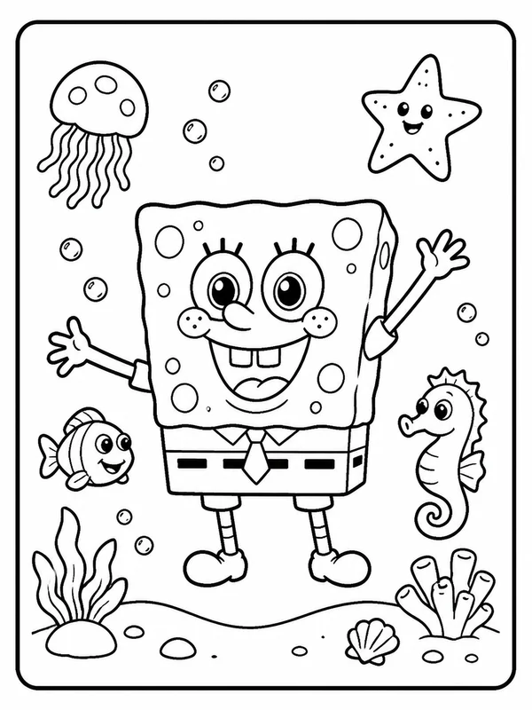 Clean a cheerful square sea sponge and underwater friends coloring page printable line art