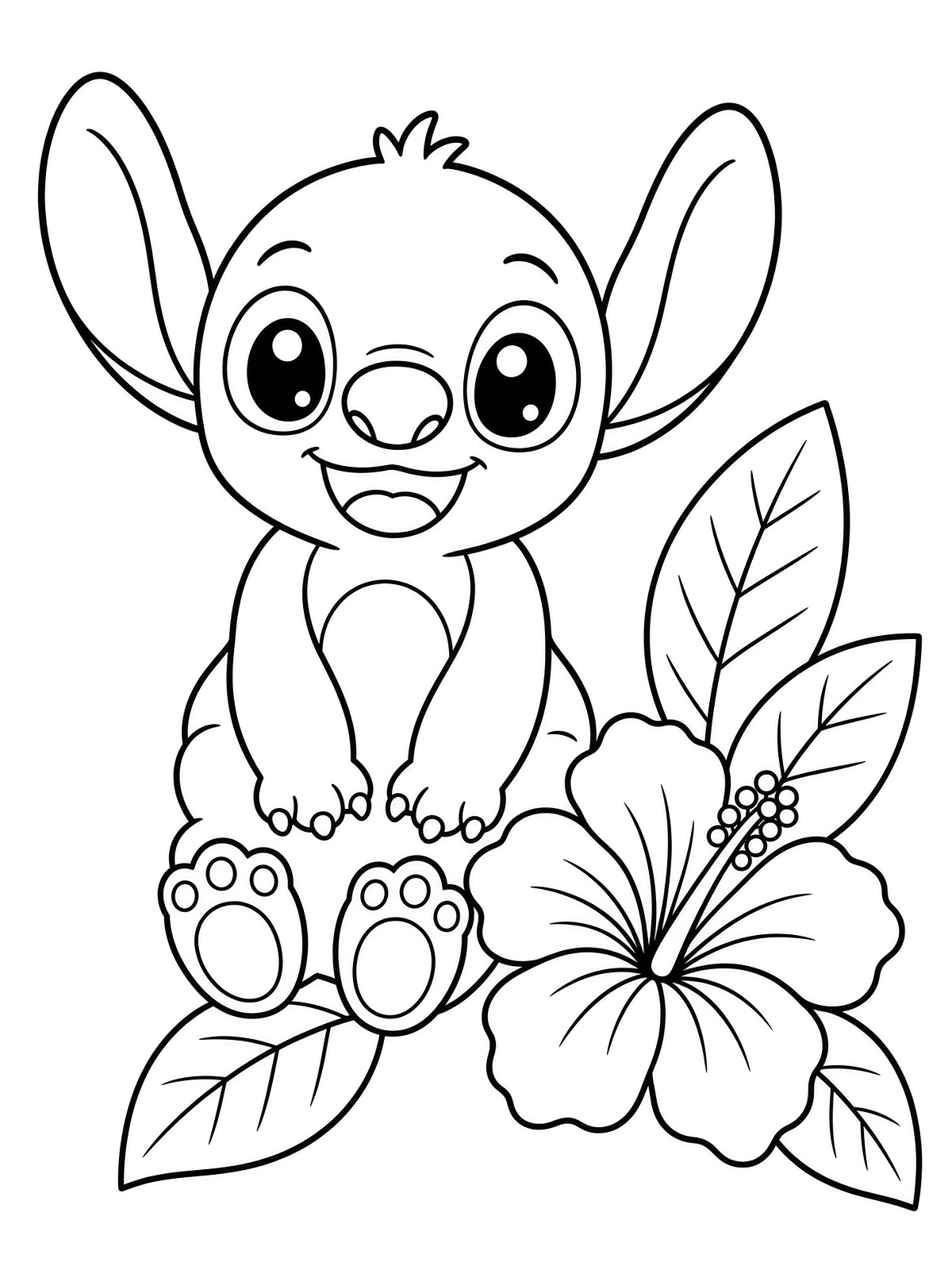 Simple Stitch sitting beside one large tropical flower and a coloring page printable line art