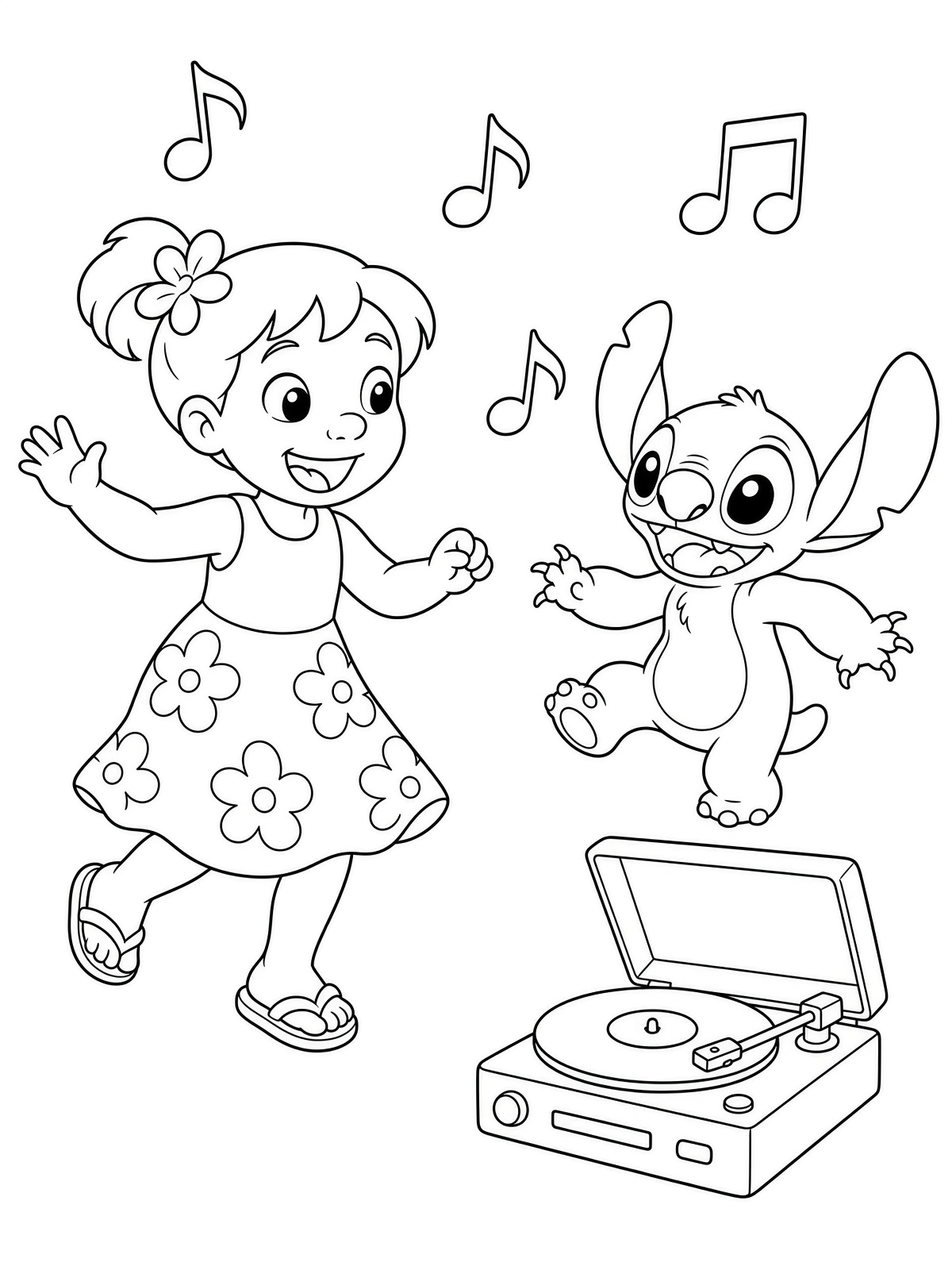 Lilo and Stitch dancing beside a record player coloring page printable line art