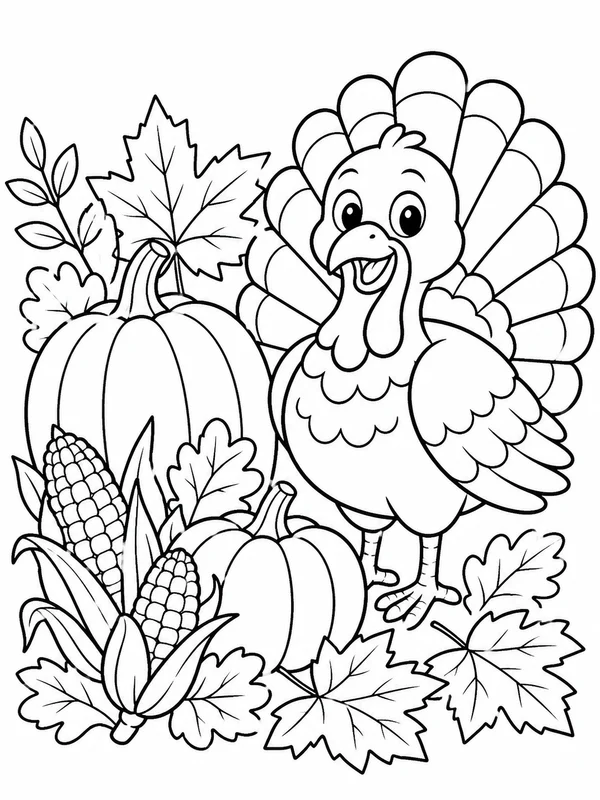 Cheerful turkey standing beside pumpkins coloring page printable line art