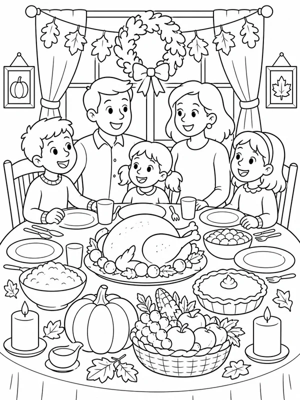 Family Thanksgiving table coloring page printable line art