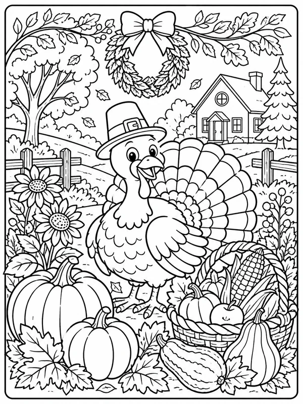 More detailed thanksgiving scene coloring page printable line art