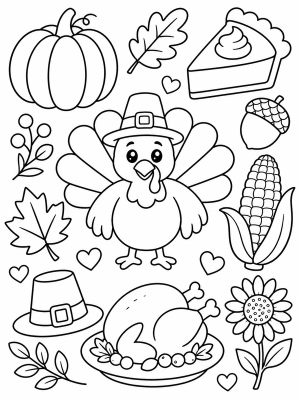 Cute thanksgiving coloring page printable line art