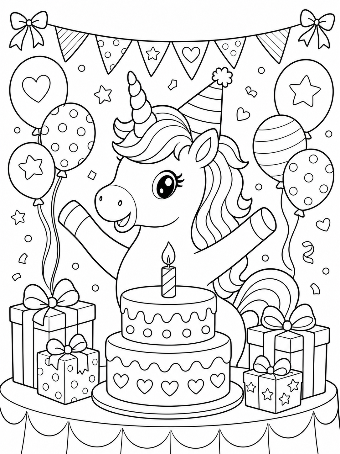 Escena de unicornios para colorear en blanco y negro listo para imprimir