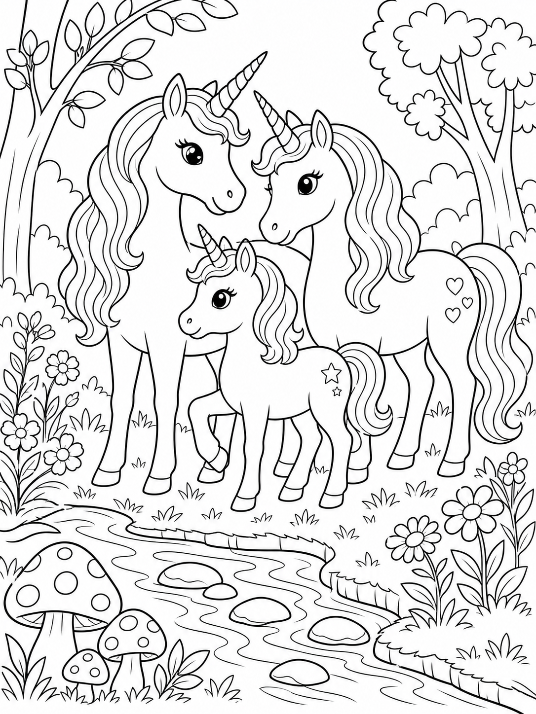 Unicorn family beside a woodland stream coloring page printable line art