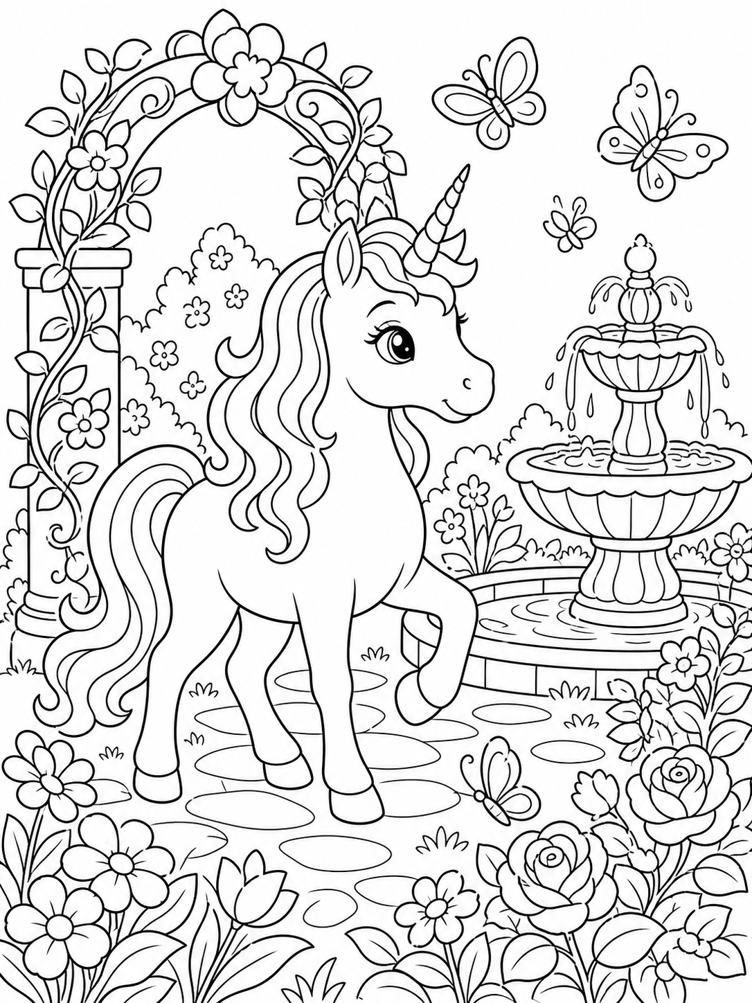 Escena de unicornios para colorear en blanco y negro listo para imprimir