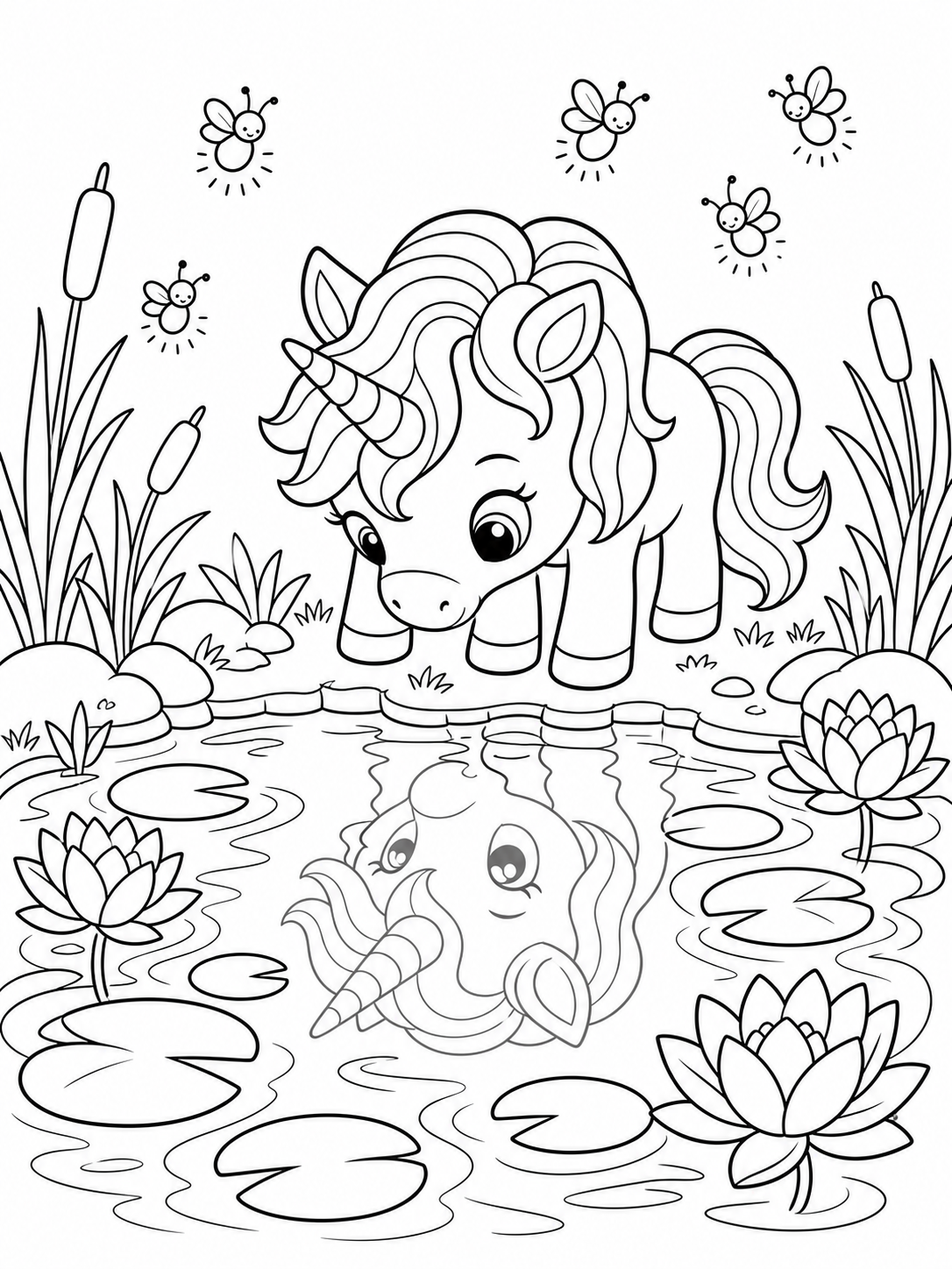 Little unicorn looking into a pond surrounded by lilies and coloring page printable line art
