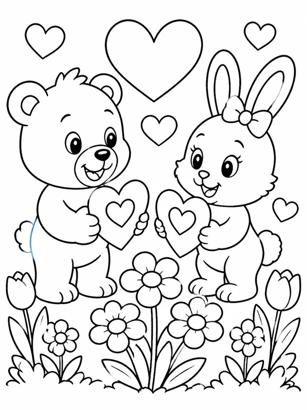 Two friendly animals exchanging heart-shaped cards beside coloring page printable line art