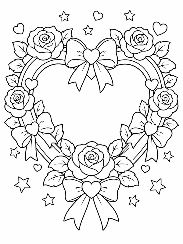 Large heart wreath with roses, bows, and small stars coloring page printable line art