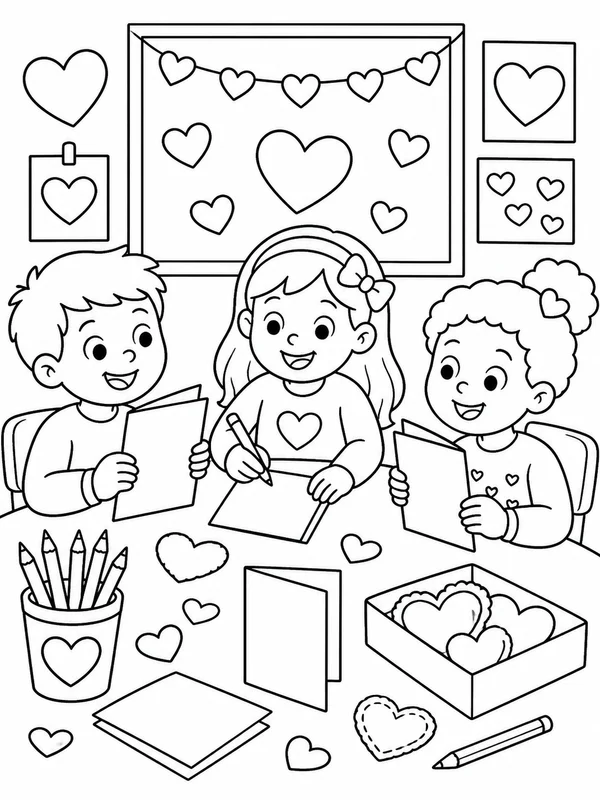 Classroom friendship scene coloring page printable line art