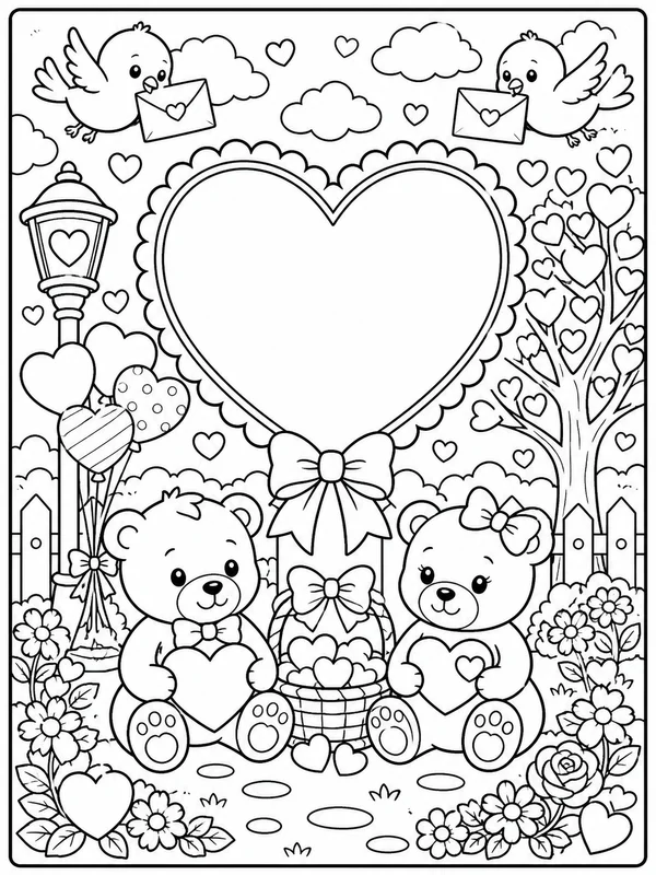 More detailed valentine's day scene coloring page printable line art