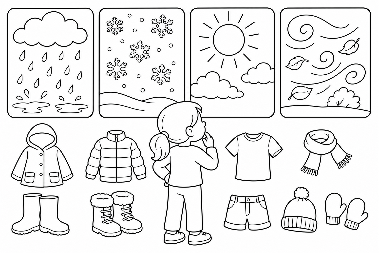 Escena de tiempo y estaciones para colorear en blanco y negro listo para imprimir