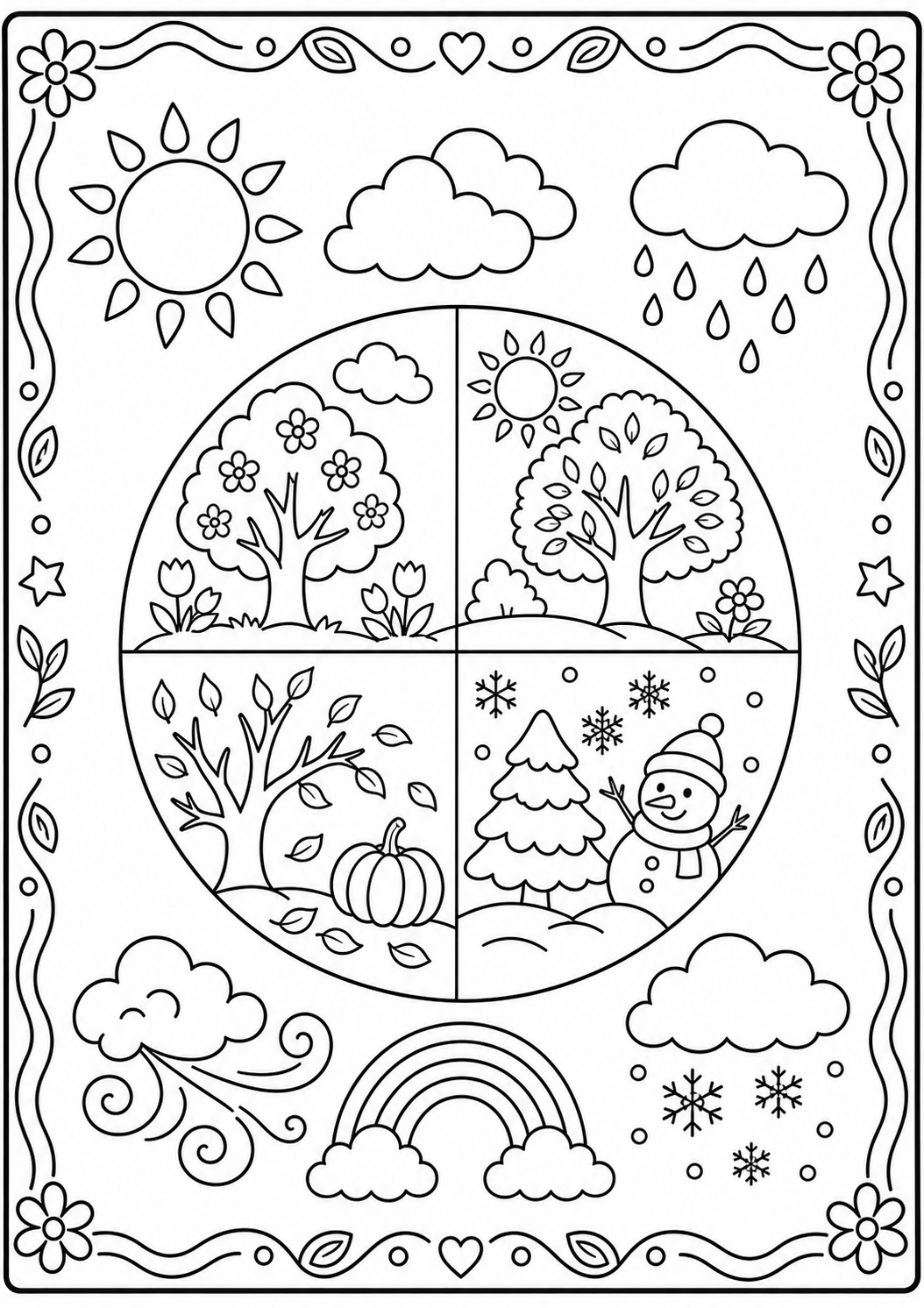 Diseño imprimible de tiempo y estaciones para colorear en blanco y negro listo para imprimir