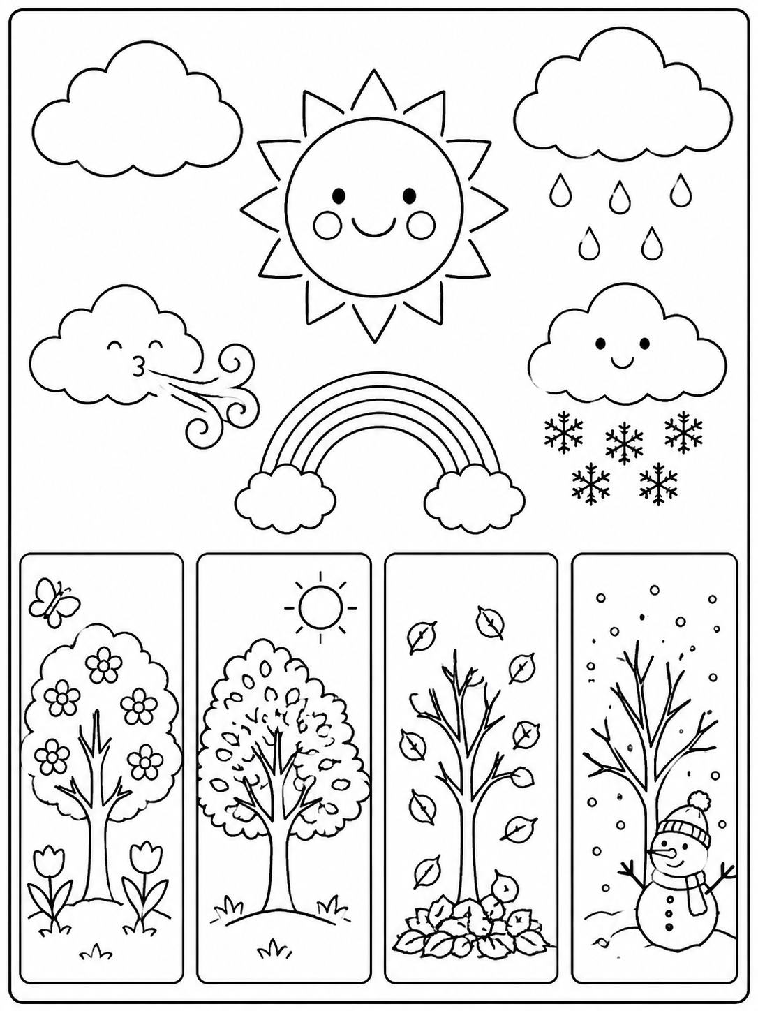 Página de tiempo y estaciones para el aula para colorear en blanco y negro listo para imprimir