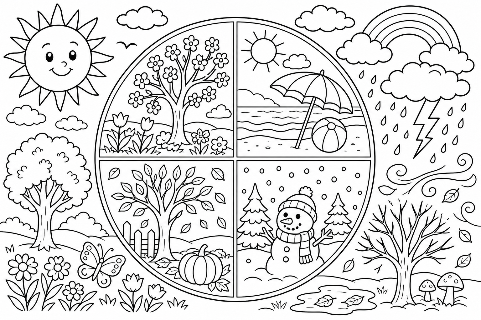 Escena detallada de tiempo y estaciones para colorear en blanco y negro listo para imprimir