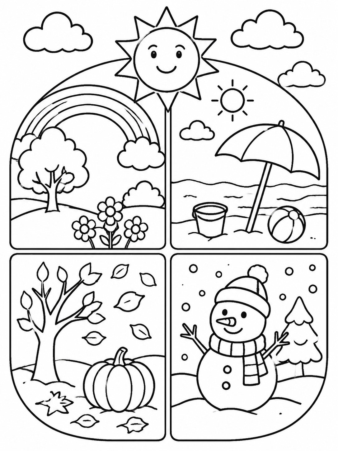 Diseño sencillo de tiempo y estaciones para colorear en blanco y negro listo para imprimir