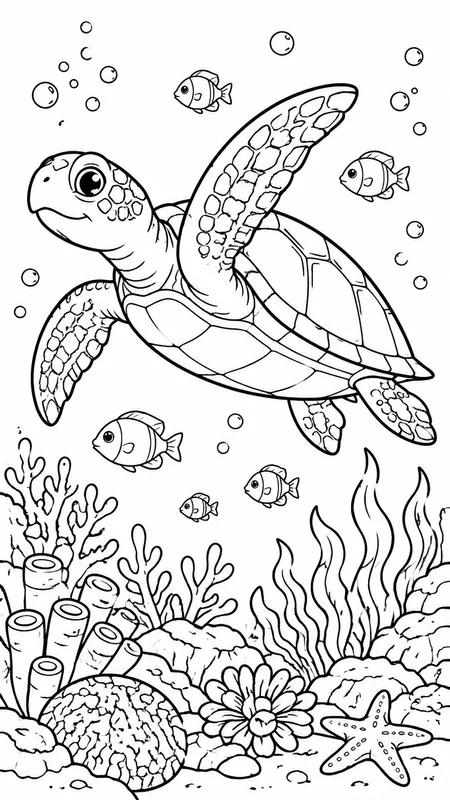 Sea Turtle Coral Reef coloring page printable line art