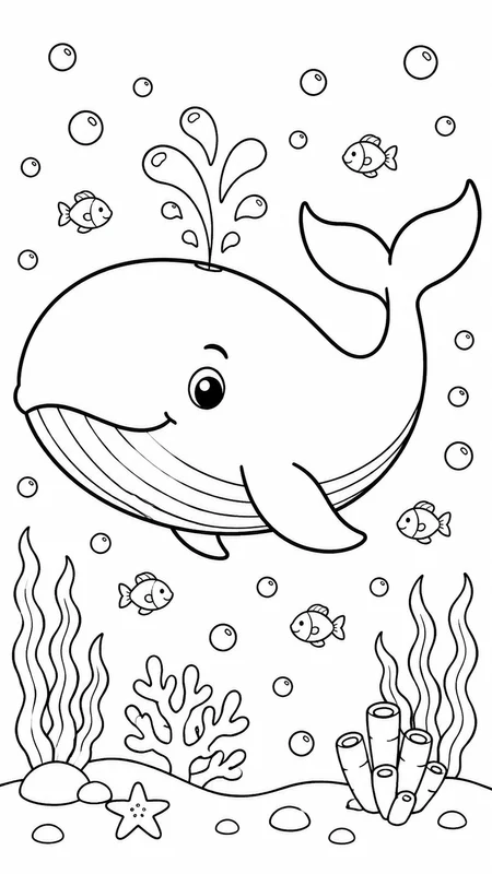 Whale Family Bubbles coloring page printable line art