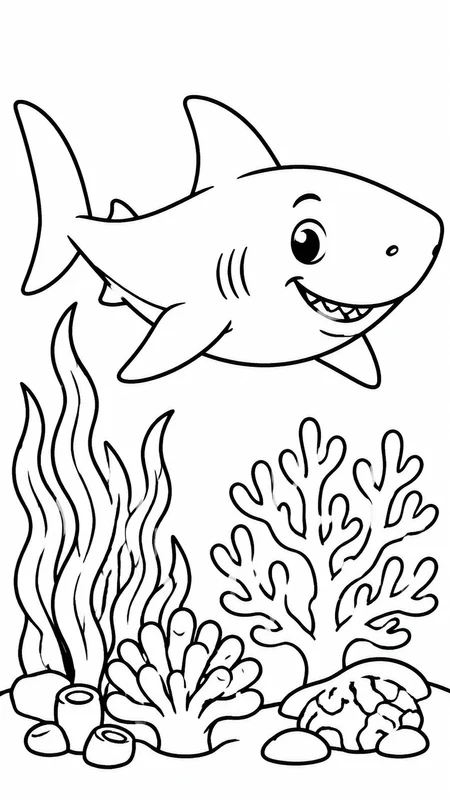 Friendly Shark Seaweed coloring page printable line art