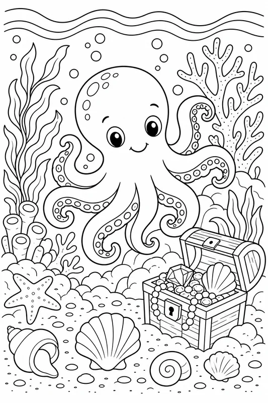 Octopus Treasure Cove coloring page printable line art
